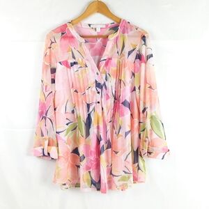 Juniper and Lime Top Women Size 2X Floral Multicolor Sheer Lined Body 3/4 Sleeve